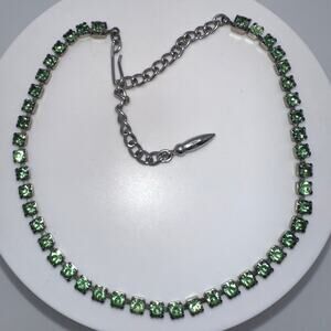 1950s vintage silver tone green uranium glass rhinestones necklace 14.5”
